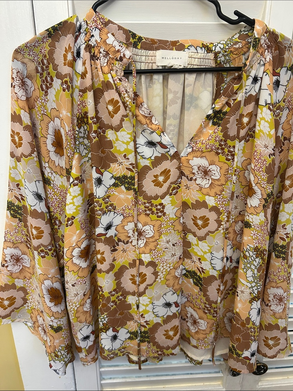 MELLODAY Floral Boho Blouse in Brown, Cream & Yellow